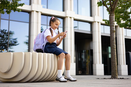 A young schoolgirl with pigtails, wearing a backpack, sits on a bench and uses a smartphone on the school yard.の写真素材