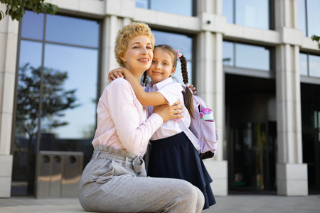 A mother embracing her daughter in front of a school building, capturing a moment of love and...