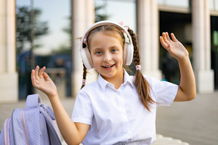 Cheerful Caucasian schoolgirl in uniform, wearing headphones, waving in the schoolyard with a backpack.の写真素材