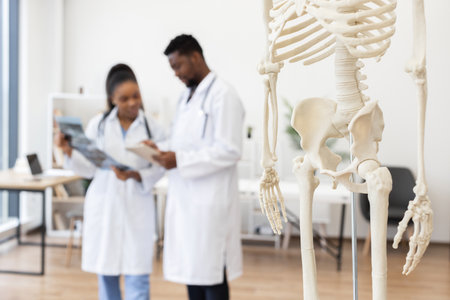 Male and female doctors in professional attire reviewing medical reports together in clinic. Anatomical skeleton displayed in foreground indicating medical training. Bright and tidy environment.の写真素材
