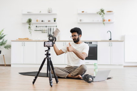 Adult man, black hair, beard, in casual clothing with glasses records fitness video vlog, demonstrates dumbbells use while sitting in bright home kitchen.の写真素材
