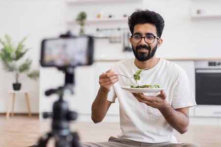 Young adult man recording healthy eating video blog in bright kitchen, promoting lifestyle. Artificial setup suggests food, technology, modern living concept.の写真素材