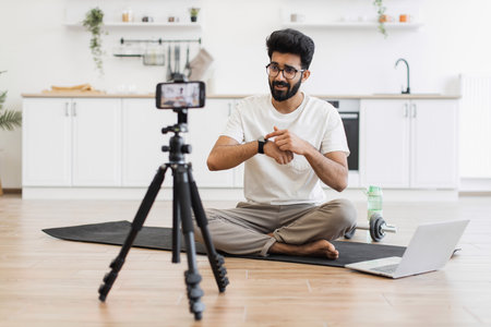 Caucasian adult man in casual outfit recording sports-related vlog discussing smart fitness devices. Room setting is a modern kitchen with exercise equipment visible.の写真素材