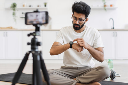 Young adult male recording video blog about smartwatch capabilities for fitness and lifestyle. Scene depicts indoor environment, tripod-mounted smartphone camera, casual setup.の写真素材