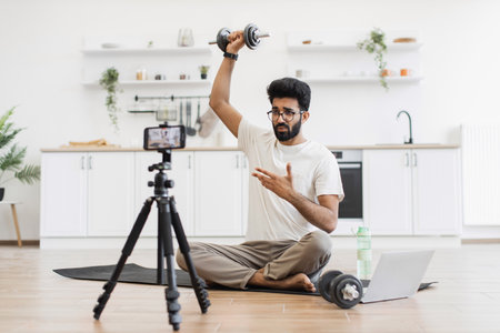 Man sitting on yoga mat recording fitness blog at home using dumbbell and tripod camera setup. Concept highlights health, fitness, and modern lifestyle promoting home-recorded fitness videoの写真素材