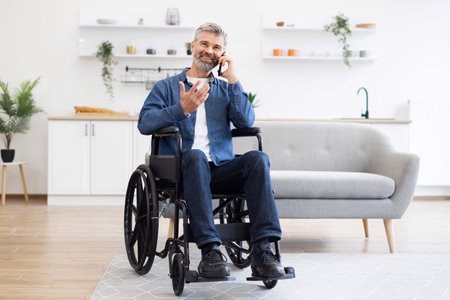 Mature Caucasian man seated in wheelchair speaking on mobile phone in home environment. Casual...