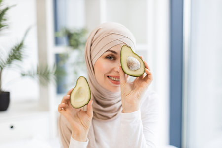 Smiling young Muslim woman wearing hijab holding avocado halves near face indoors, concept of...