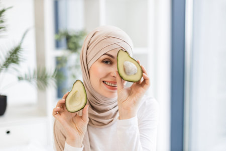 Smiling young Muslim woman wearing hijab holding avocado halves near face indoors, concept of...