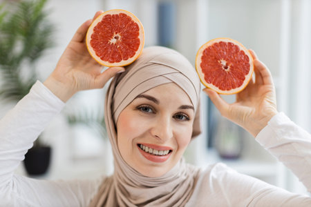 Young adult Muslim woman in beige hijab smiling holding grapefruit halves indoors demonstrating fresh beauty and health conceptの写真素材