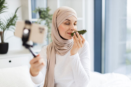 Young Muslim woman in beige hijab holding smartphone on tripod sharing skincare tips using avocado. She discusses natural beauty methods while creating engaging and insightful content in a cozy homeの写真素材