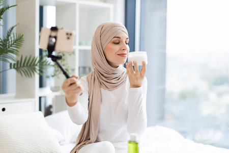 Young Muslim woman wearing hijab demonstrating and reviewing skincare cream with smartphone and tripod indoors in natural light. Focused on facial care routines, modern trends.の写真素材