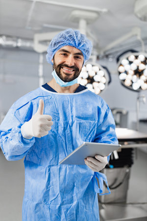 A smiling surgeon in scrubs gives a thumbs up while holding a tablet in an operating room.の写真素材