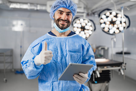 A smiling surgeon in scrubs gives a thumbs up while holding a tablet in an operating room.