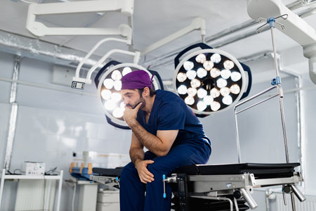 A surgeon sits on an operating table, deep in thought, in a brightly lit operating room.