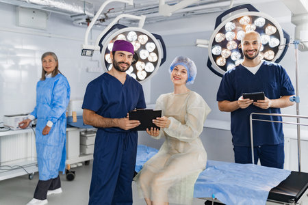 A medical team poses in an operating room, featuring surgeons and a patient, ready for a procedure.