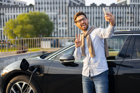 A man smiles and makes a peace sign while taking a selfie next to his electric vehicle as it charges...