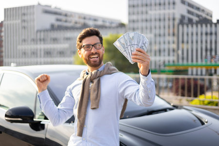 A happy man stands next to a car, holding a wad of cash, celebrating his financial success.