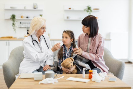 A doctor examines a young girl with a thermometer while the mother comforts her, showing care and concern in a home setting.の写真素材