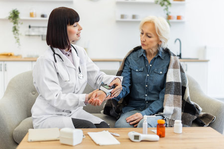 A female doctor in a white coat measures the blood pressure of an elderly woman sitting on a sofa,...