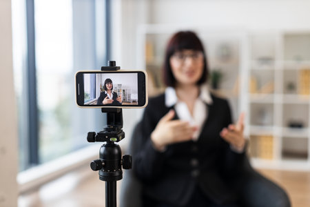 Caucasian woman recording video blog about business concepts and ideas using smartphone camera. Shows creative workspace with natural lighting for content creation and technology usage.の写真素材