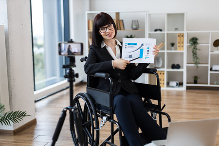 Caucasian woman in professional office showing financial chart during remote video blogging session.の写真素材