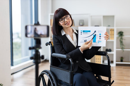 Caucasian woman in wheelchair holding chart showing business data while blogging on cameraの写真素材