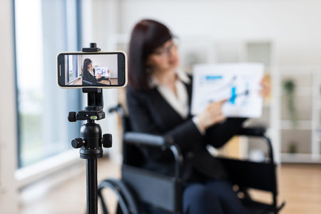 Caucasian woman in wheelchair blogs on camera about business using charts and graphs. Indoor setting...