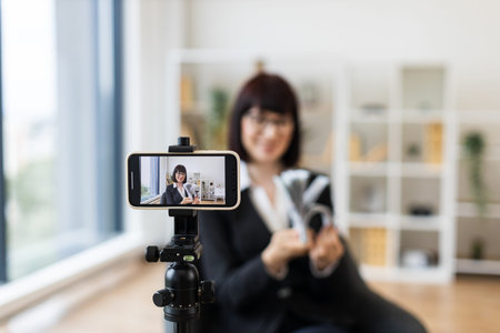 Professional Caucasian woman mid-thirties recording video blog about investments and showing cash...