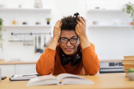 A young man with glasses is visibly frustrated, holding a game controller while sitting at a table...