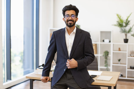 An Indian businessman in a suit smiles confidently while standing in his modern office