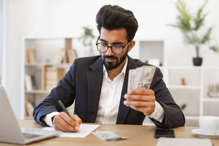 An Indian businessman is working on finances while holding a stack of cash in his office