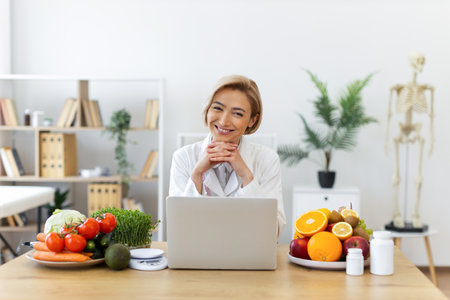 A smiling nutritionist sits at a desk with a laptop, surrounded by fresh fruits, vegetables, and supplements.の写真素材