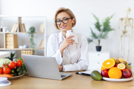 A smiling nutritionist holds a supplement bottle while sitting at a desk with a laptop and fresh fruits and vegetables.の写真素材