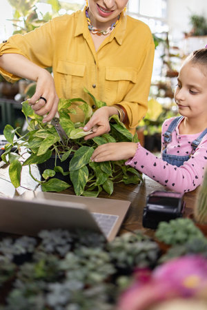 A woman and a young girl are trimming a houseplant together, enjoying a moment of gardening