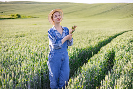 A young woman wearing a straw hat and denim overalls stands in a lush green wheat field, holding a...