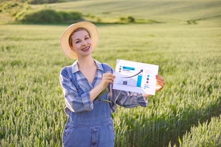 A smiling woman in overalls and a straw hat stands in a green field, holding a paper with a growing bar chart and arrowの写真素材