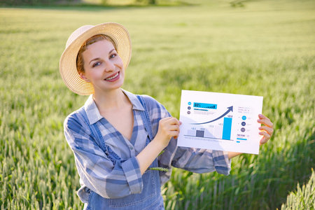 A smiling woman in a straw hat and overalls stands in a green field, holding a paper with a rising graph and statisticsの写真素材
