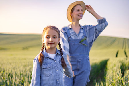 A mother and daughter stand in a sunlit field of green crops, both dressed in denim overalls and...