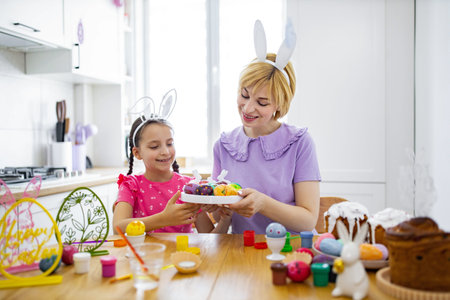 A mother and daughter wearing bunny ears are happily painting and decorating Easter eggs together at...