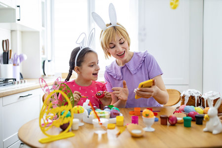 A mother and daughter wearing bunny ears decorate Easter eggs together in a bright kitchen, looking...