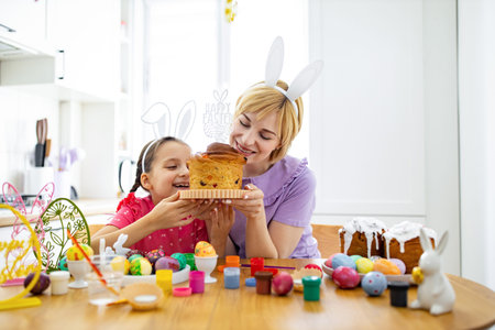 A mother and daughter wearing bunny ears excitedly sniff a traditional Easter cake while surrounded...