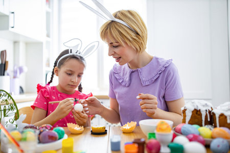 A mother and daughter wearing bunny ears are happily decorating Easter eggs together at a wooden...