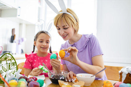 A mother and daughter wearing bunny ears are happily decorating Easter eggs together in a bright...