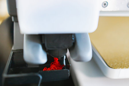 Close-up view of a 3D printer nozzle depositing molten red filament onto a build plate, showcasing...