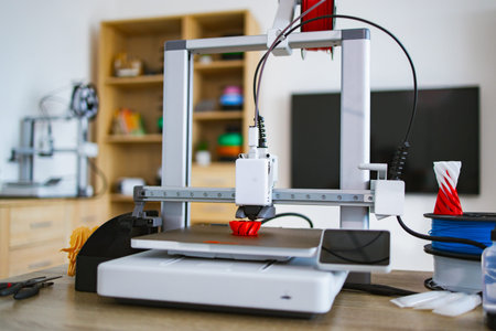 A modern 3D printer is actively creating a red object on its build plate with filament spools nearby