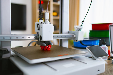 A 3D printer is actively creating a red object layer by layer on its build plate, with spools of...