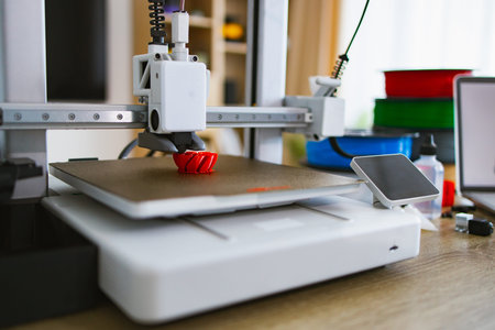 A 3D printer is actively creating a small red object on its build plate, with spools of filament...