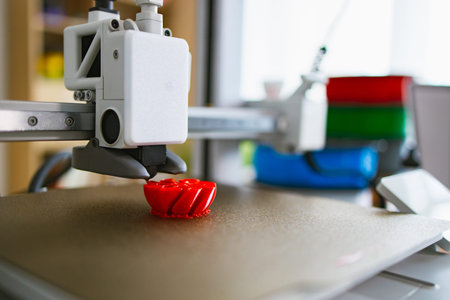 A close-up view of a 3D printer head depositing molten plastic to build a red object layer by layer...