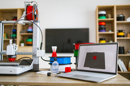 A 3D printer is actively creating a red object while a laptop displays the design and spools of...