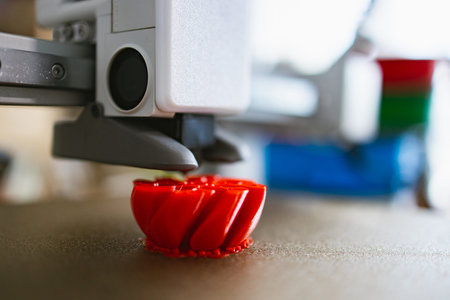A 3D printer nozzle extrudes molten plastic to build a vibrant red object layer by layer on a...